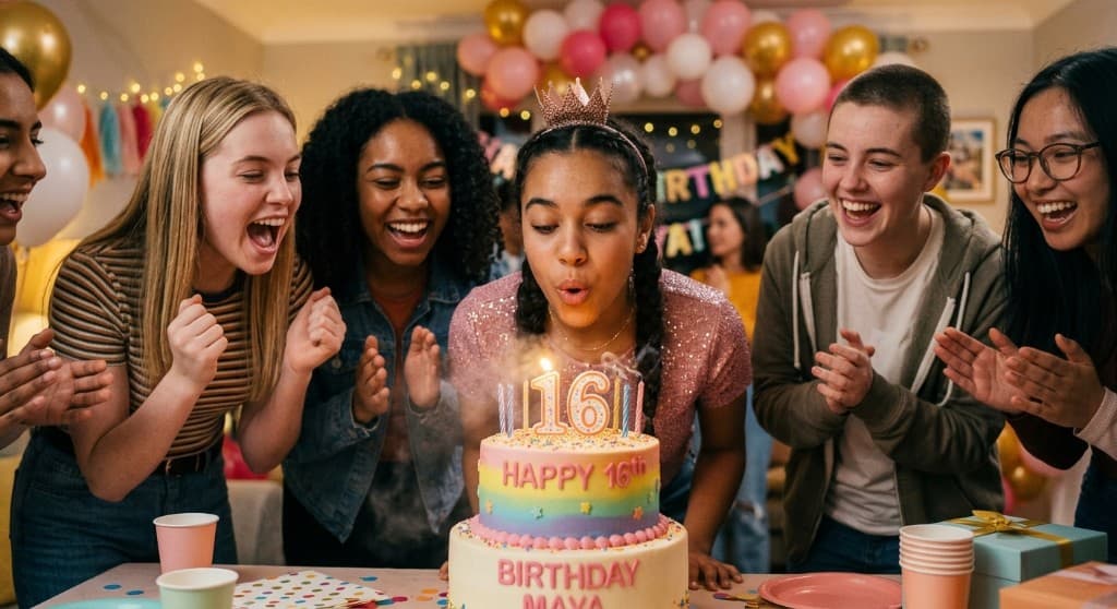 Friends gathered around a sweet sixteen cake